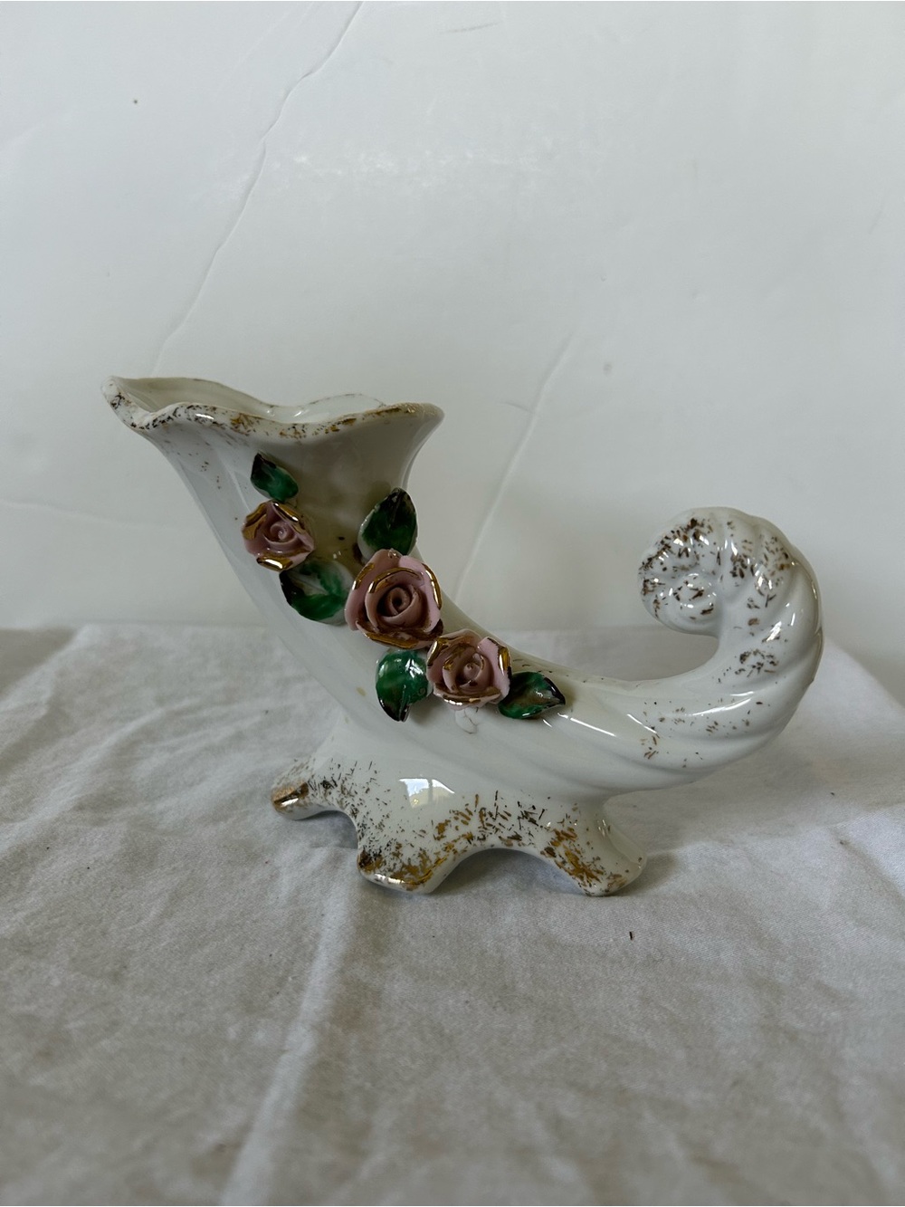 Porcelain White Cornucopia Vase with Pink Rose Accents - Picture 4 of 11
